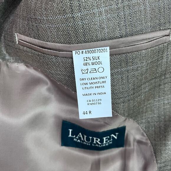 Lauren Ralph Lauren Sports Blazer Mens 44R Silk Wool Blend Plaid Taupe - Picture 8 of 13
